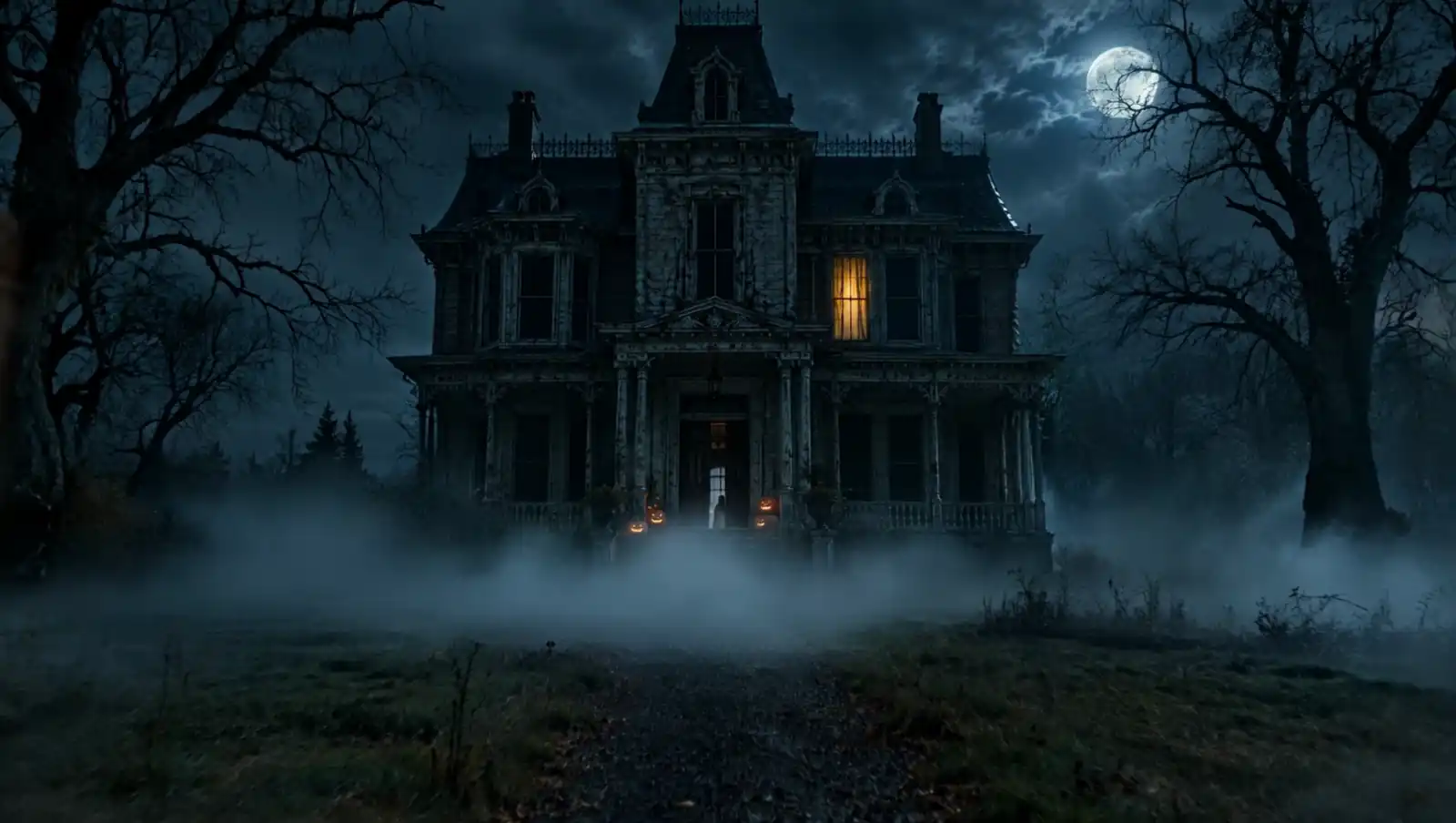 Across the lawn the front door stands open, lit from inside. Someone pale is in the doorway.
