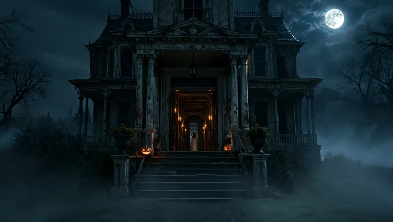 The porch steps. Candles burn past the open door.
