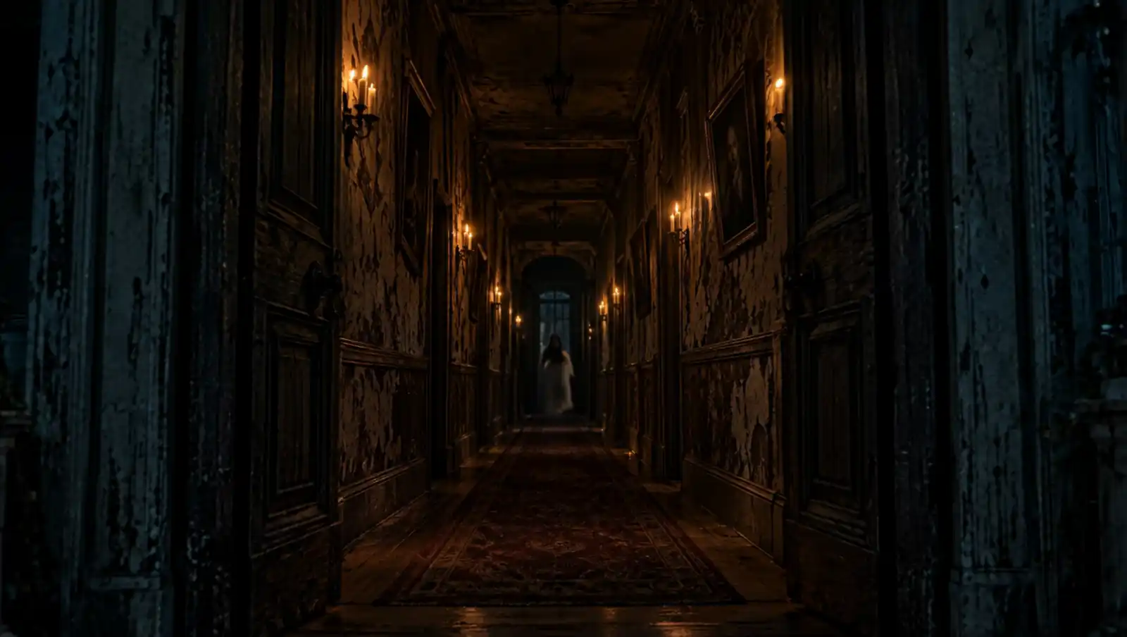 Deep in the hall. The candles at the edges have gone out.