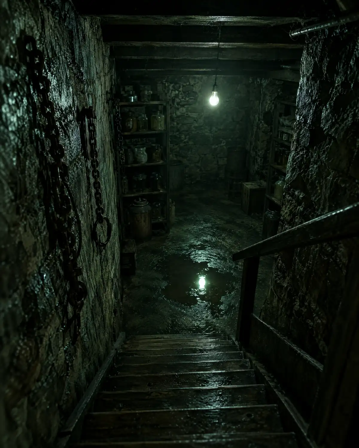 Wet stone stairs down into a cellar. Chains on the wall. One bulb at the far end.