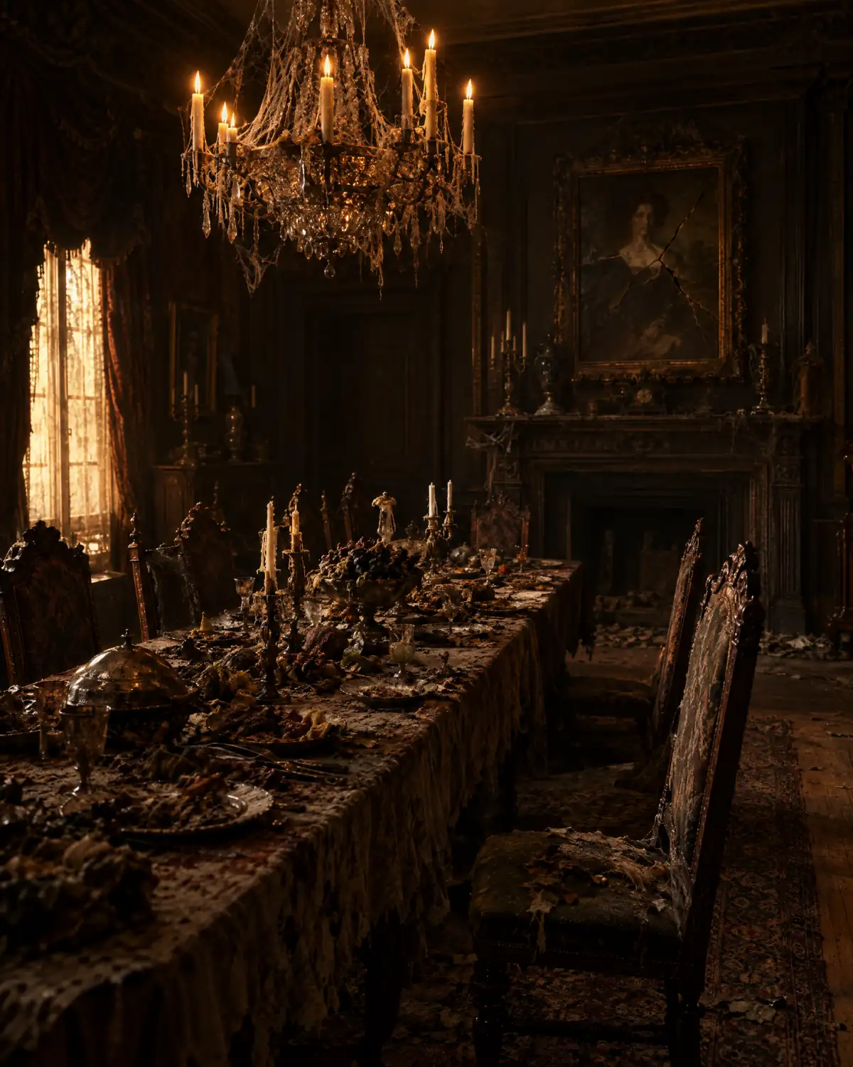 A long dining table laid for a feast, rotting, under a lit chandelier. Tall carved chairs.