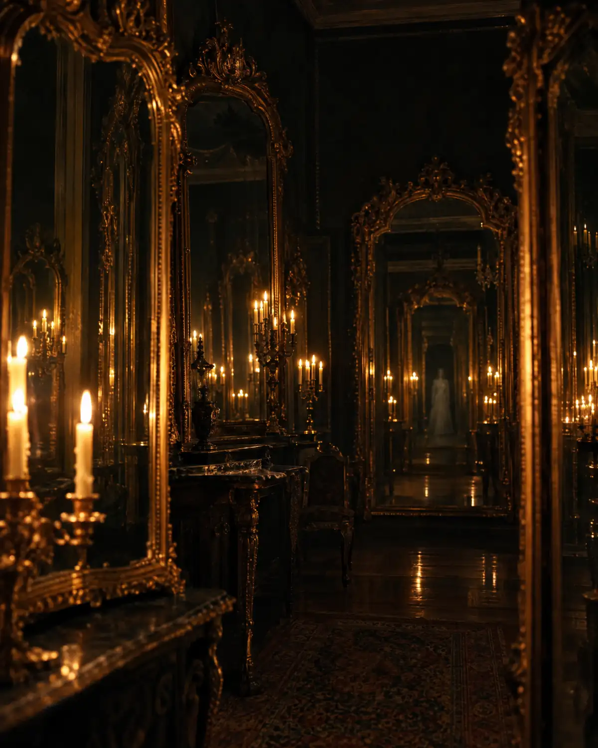 A hall of gilt mirrors and candles. Deep in one reflection, a pale figure stands where nobody stands in the room.