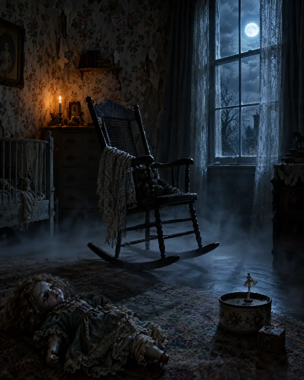 A nursery at night. A rocking chair with a shawl, a doll face down on the rug, moonlight through lace.