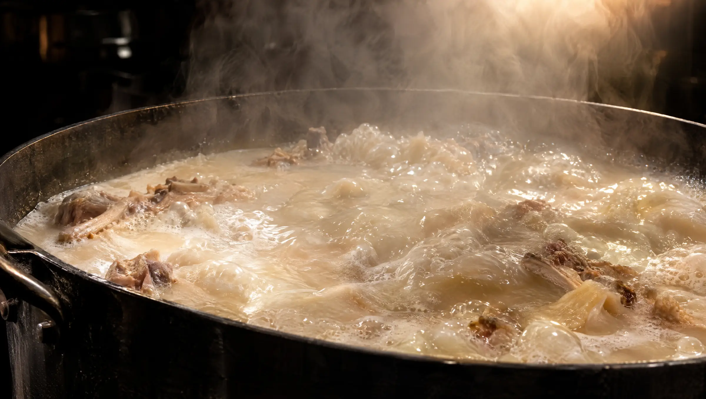 Pork bones at a hard, rolling boil in a wide steel pot, the broth gone milky white under the steam.