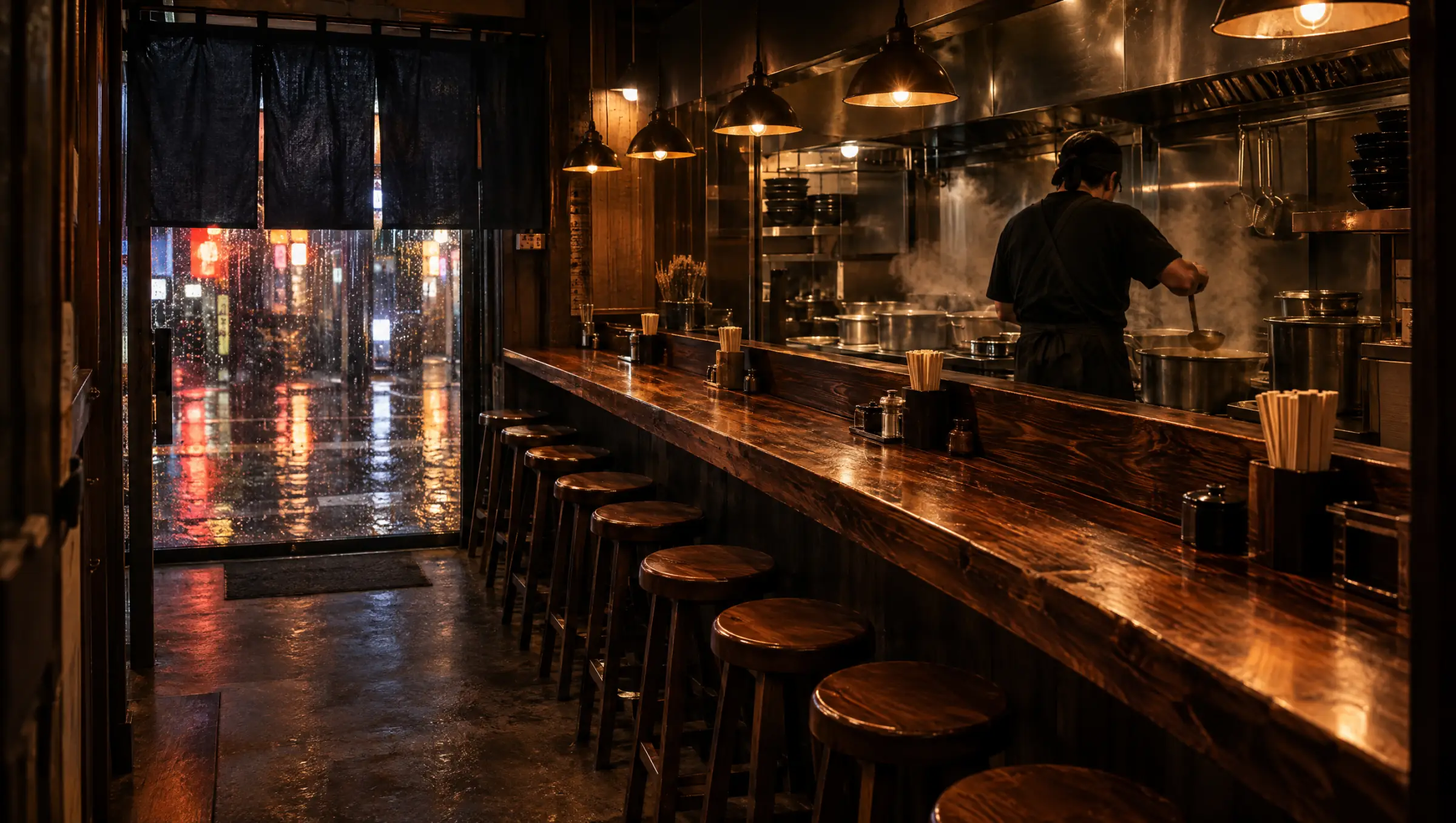 The Kuroyu counter at night: eight wooden stools, pendant lamps, a cook at the stock pots, rain on the street outside.