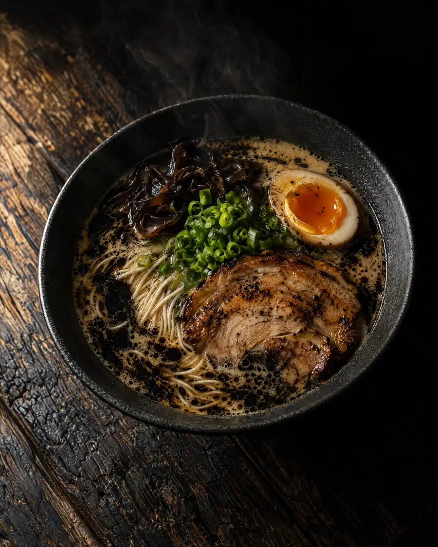 Kuro: tonkotsu darkened with burnt garlic oil, wood ear, negi, chashu and egg.