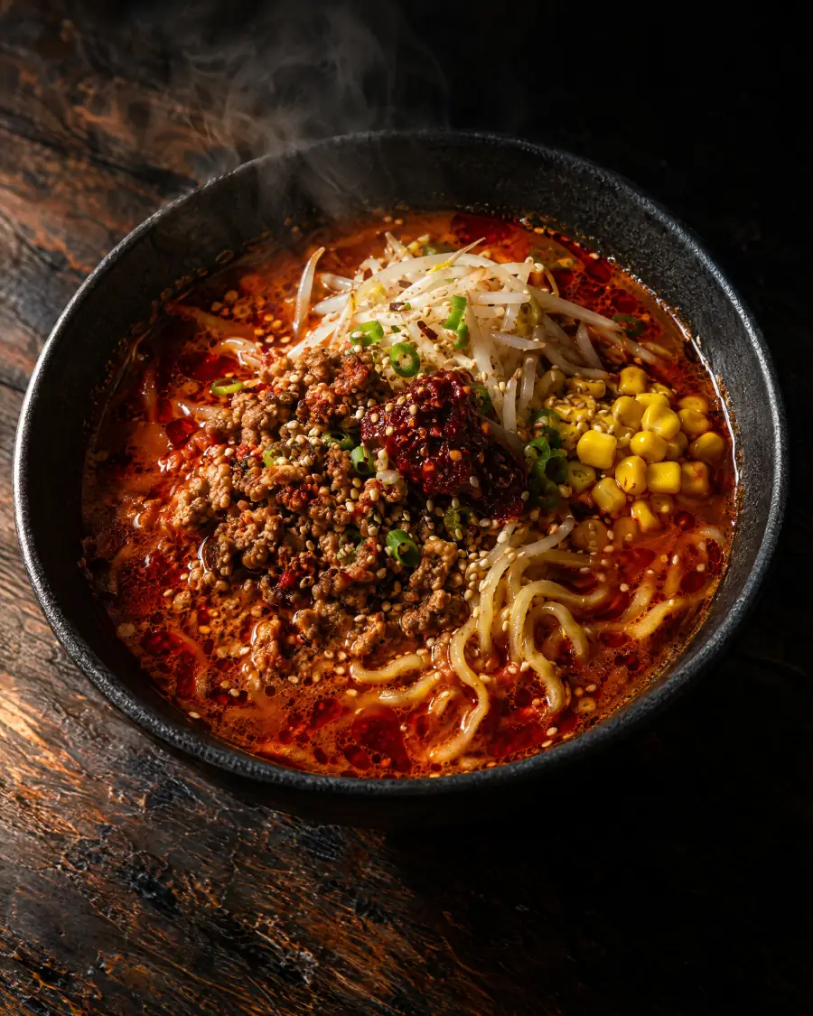 Aka: red chilli miso broth with minced pork, bean sprouts and corn.