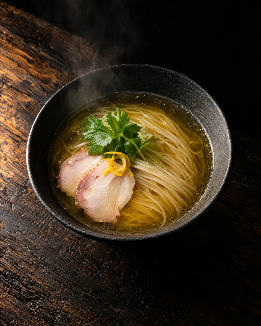 Shio: a clear golden salt broth with thin noodles, chashu, yuzu peel and a herb leaf.